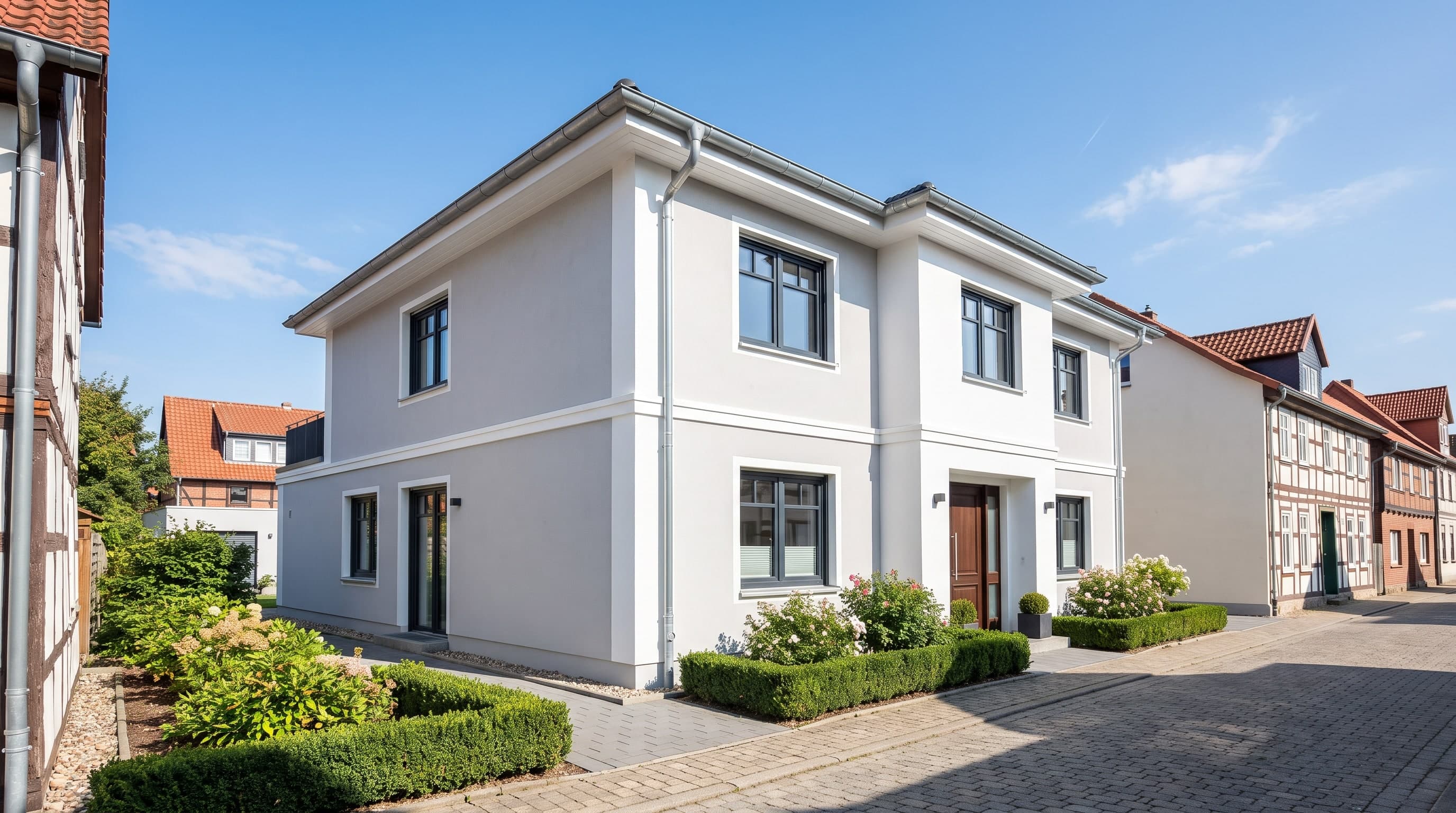 Weißes Wohnhaus mit grauen Fenstern an einer gepflasterten Straße