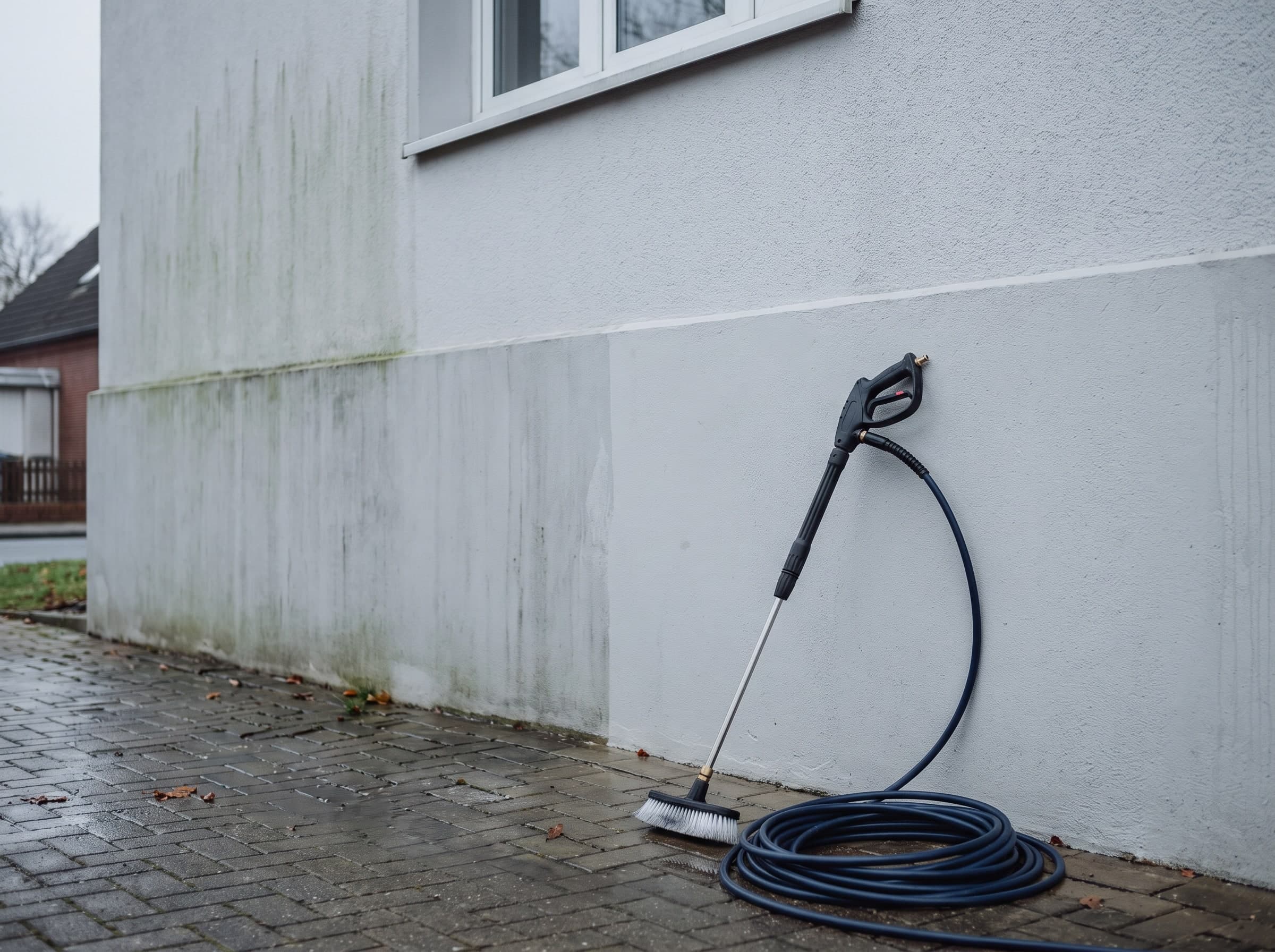 Hauswand, links mit grünem Belag, rechts hell, davor eine angelehnte Reinigungslanze mit Schlauch